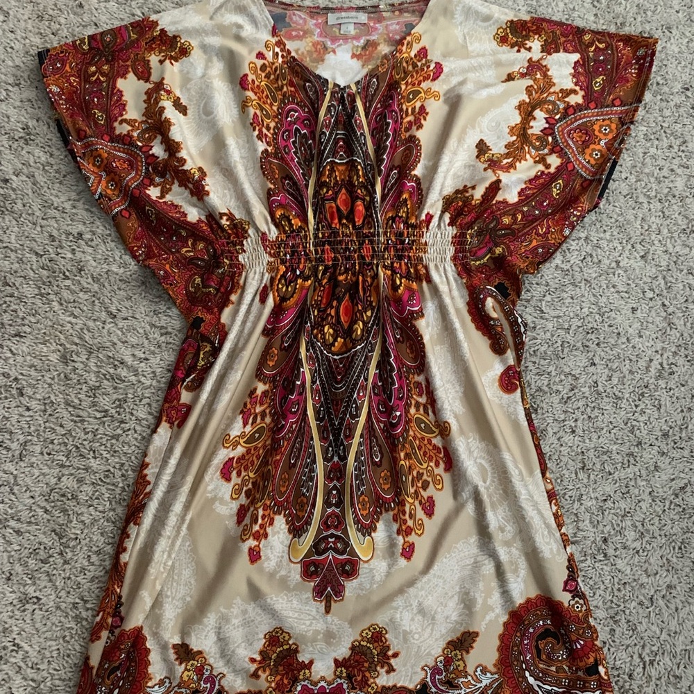 Cream and Brown Pull-over Cinch Waist Dress